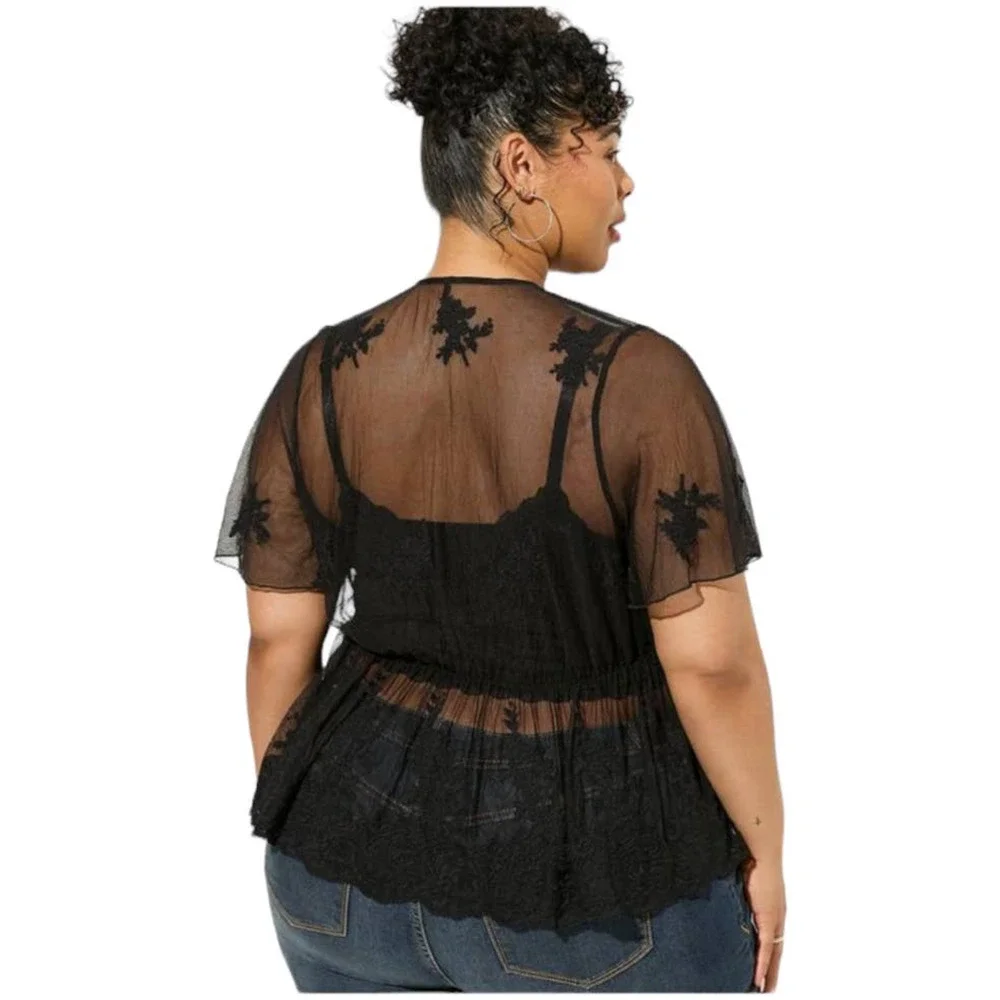 Torrid NWT Embroidered Mesh Peplum Kimono Black Size 6X Short Sleeve Cardigan